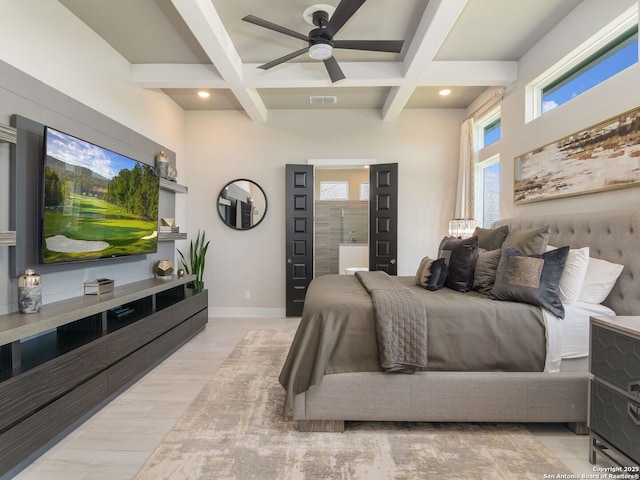 25022 Dulzura, San Antonio, TX 78261 - bedroom featuring coffered ceiling, beam ceiling, connected bathroom, light wood-style flooring, and recessed lighting