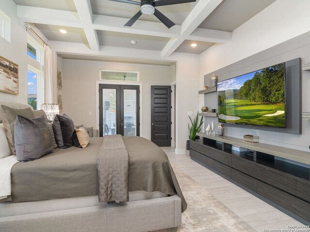 25022 Dulzura, San Antonio, TX 78261 - bedroom featuring coffered ceiling, french doors, light wood finished floors, beam ceiling, and recessed lighting