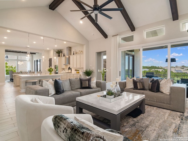25022 Dulzura, San Antonio, TX 78261 - living area featuring beamed ceiling, high vaulted ceiling, a ceiling fan, and recessed lighting
