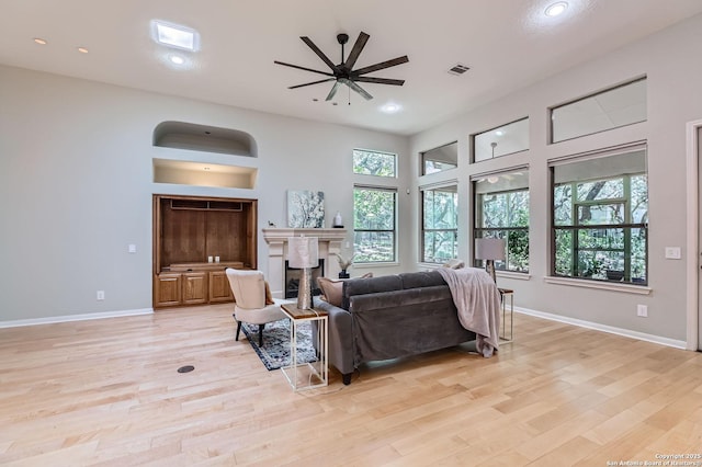 34 Roseheart, San Antonio, TX 78259 - living area with ceiling fan, light wood-style flooring, a fireplace, and recessed lighting