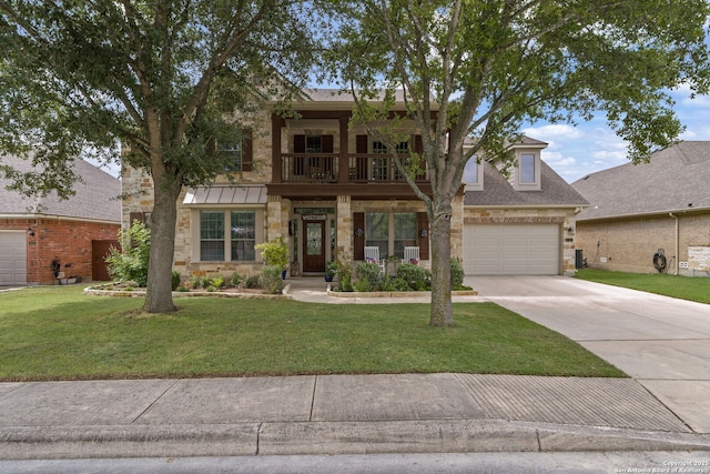 3118 Limestone, San Antonio, TX 78253 - view of front facade with stone siding, concrete driveway, a garage, and a front yard