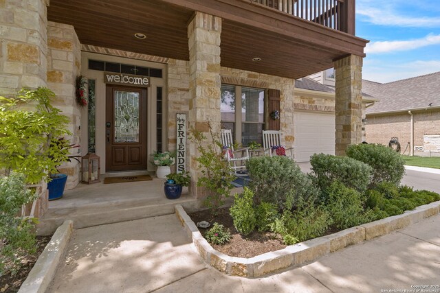 3118 Limestone, San Antonio, TX 78253 - doorway to property with stone siding and covered porch