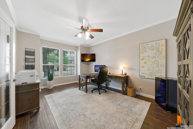3118 Limestone, San Antonio, TX 78253 - home office featuring a ceiling fan, dark wood-style flooring, ornamental molding, and beverage cooler