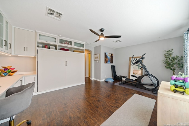 3118 Limestone, San Antonio, TX 78253 - workout room with ceiling fan, dark wood-style flooring, and arched walkways