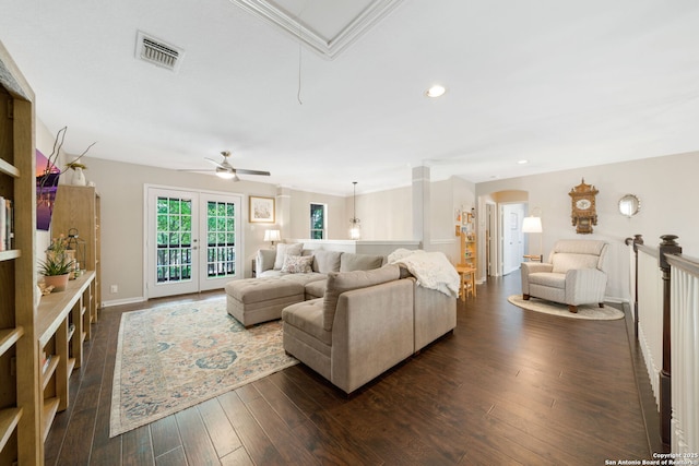 3118 Limestone, San Antonio, TX 78253 - living room with a ceiling fan, recessed lighting, dark wood finished floors, attic access, and arched walkways