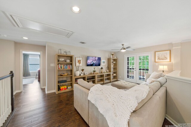3118 Limestone, San Antonio, TX 78253 - living room featuring attic access, a ceiling fan, dark wood-type flooring, french doors, and recessed lighting