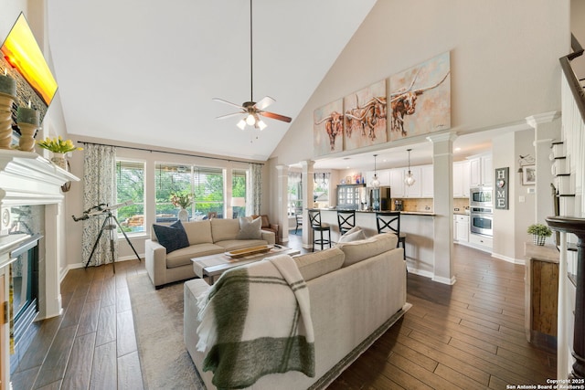 3118 Limestone, San Antonio, TX 78253 - living room with high vaulted ceiling, a ceiling fan, healthy amount of natural light, and dark wood-style floors