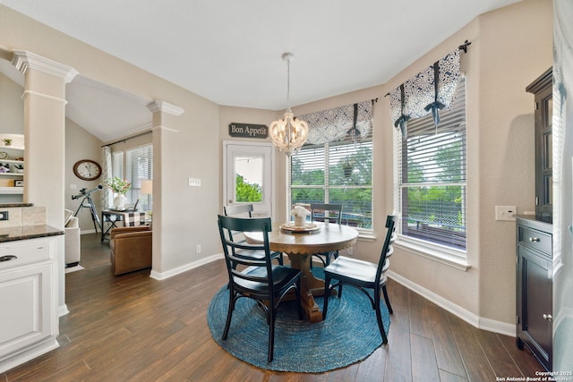3118 Limestone, San Antonio, TX 78253 - dining area with dark wood-style floors, a chandelier, and ornate columns