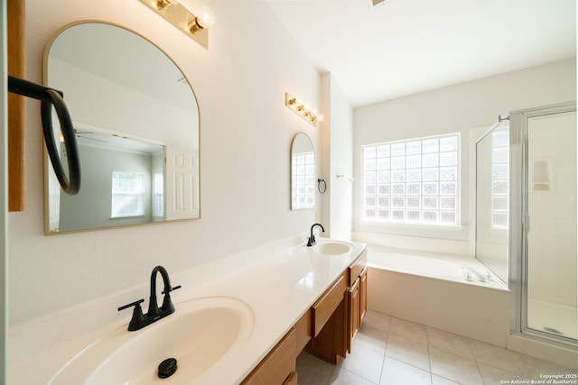16914 Redhorse Pass, San Antonio, TX 78247 - bathroom featuring double vanity, a garden tub, tile patterned floors, and a shower with door