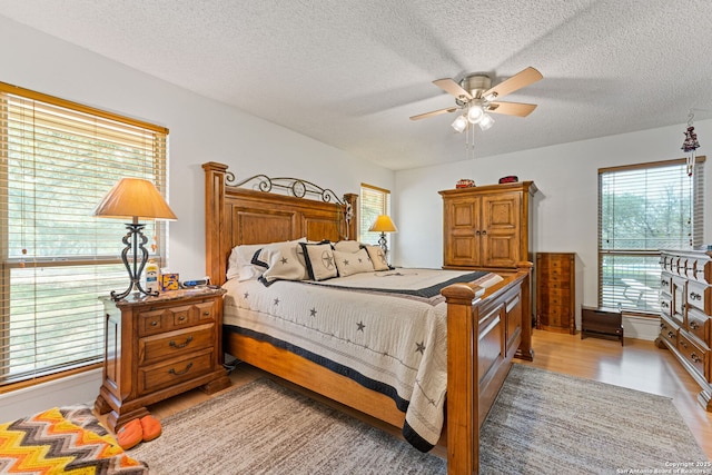 33171 Blanco Rd, Bulverde, TX 78163 - bedroom featuring a textured ceiling, light wood-style floors, and ceiling fan