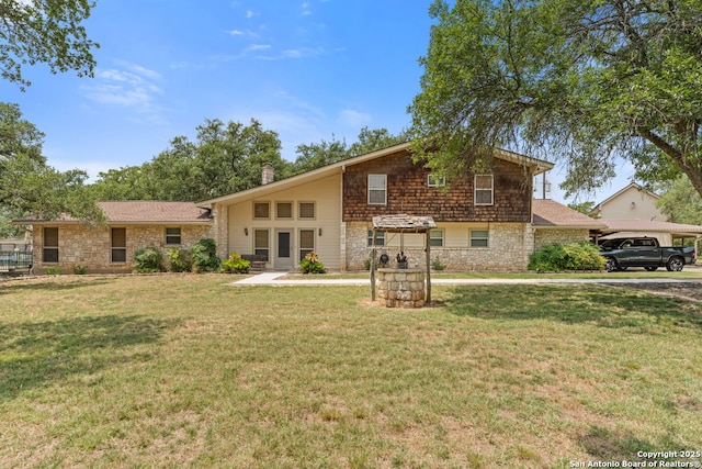 33171 Blanco Rd, Bulverde, TX 78163 - view of front of property with a front yard, stone siding, and a chimney