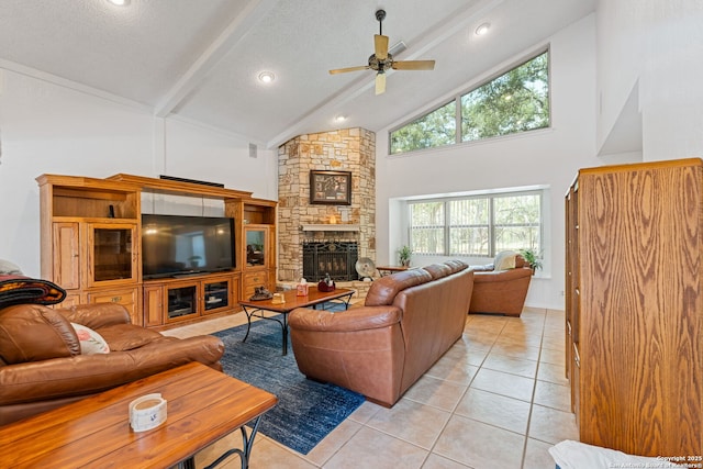 33171 Blanco Rd, Bulverde, TX 78163 - living area featuring high vaulted ceiling, ceiling fan, beam ceiling, light tile patterned floors, and healthy amount of natural light