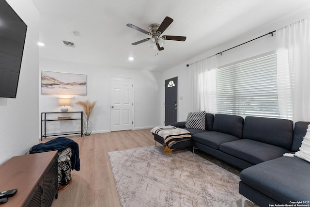 338 Tomrob Dr, San Antonio, TX 78220 - living room featuring a ceiling fan, light wood-style flooring, and recessed lighting