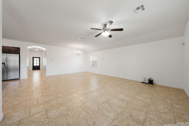 14724 Costa Leon, San Antonio, TX 78245 - unfurnished room with ceiling fan, healthy amount of natural light, arched walkways, a chandelier, and lofted ceiling