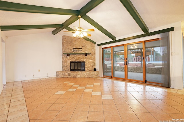 309 Meandering Way, Del Rio, TX 78840 - unfurnished living room featuring tile patterned flooring, ceiling fan, french doors, and a fireplace