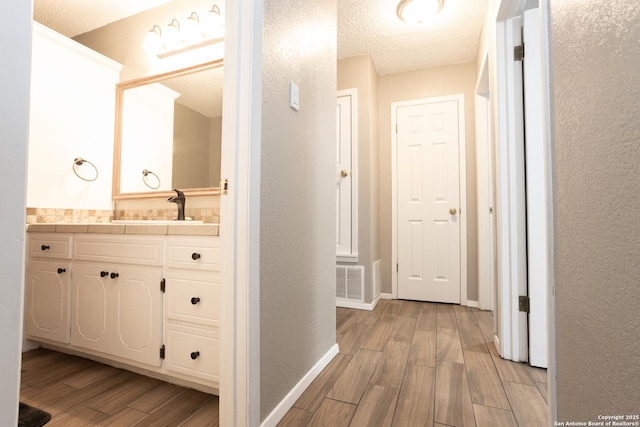 309 Meandering Way, Del Rio, TX 78840 - bathroom with wood finished floors, vanity, and a textured ceiling