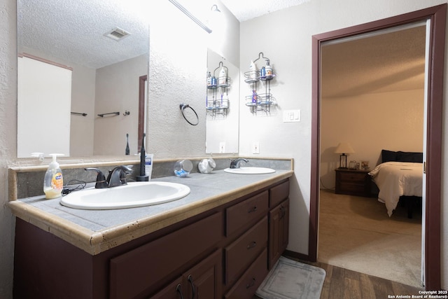309 Meandering Way, Del Rio, TX 78840 - full bathroom featuring wood finished floors, a textured ceiling, double vanity, and connected bathroom