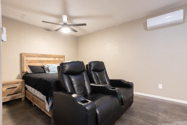 309 Meandering Way, Del Rio, TX 78840 - bedroom with an AC wall unit, ceiling fan, and concrete floors