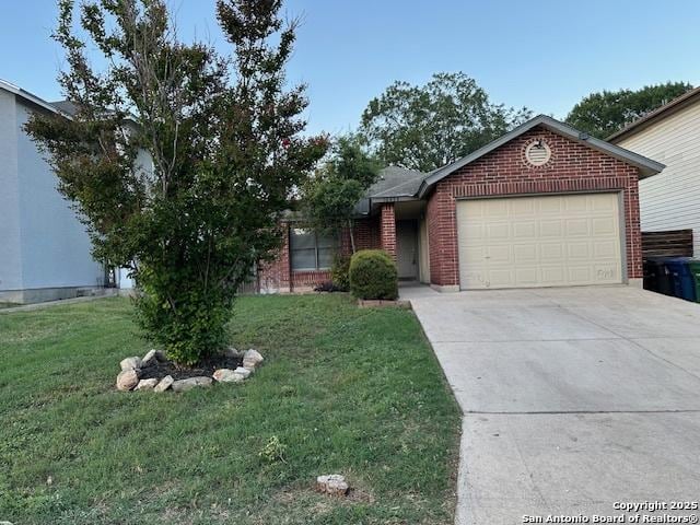 16454 Blanco Ky, San Antonio, TX 78247 - view of front of house featuring brick siding, an attached garage, a front yard, and concrete driveway