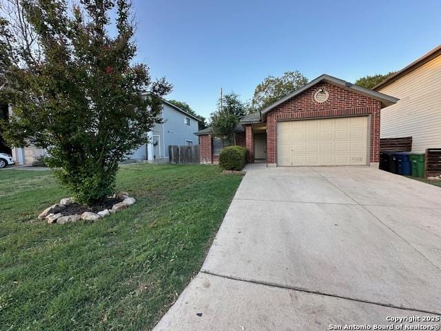 16454 Blanco Ky, San Antonio, TX 78247 - view of front facade with brick siding, a garage, a front yard, and driveway