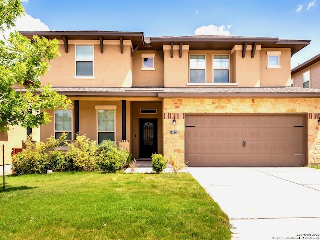 14122 N Santa Anna Way, San Antonio, TX 78253 - townhome / multi-family property featuring a front lawn, driveway, stucco siding, stone siding, and a garage