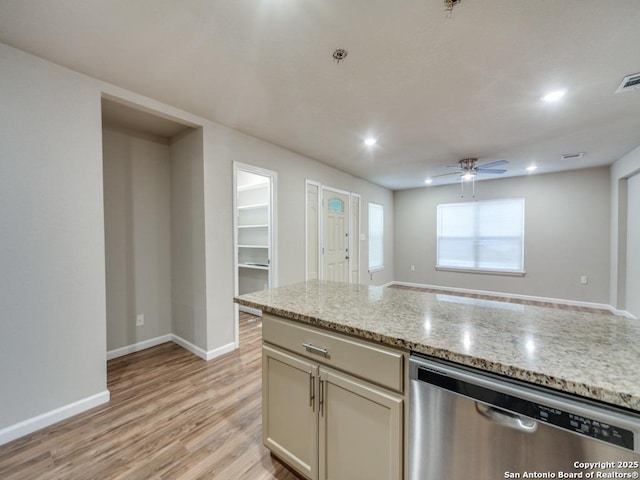 122 Adrian, San Antonio, TX 78213 - kitchen with stainless steel dishwasher, ceiling fan, light wood-type flooring, light stone counters, and recessed lighting