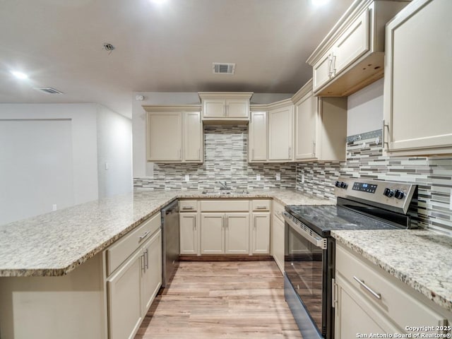 122 Adrian, San Antonio, TX 78213 - kitchen featuring stainless steel appliances, a peninsula, light wood-style flooring, and tasteful backsplash