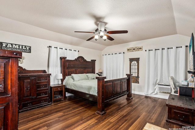 177 Lakeview Cir, La Vernia, TX 78121 - bedroom featuring vaulted ceiling, dark wood finished floors, a textured ceiling, and ceiling fan