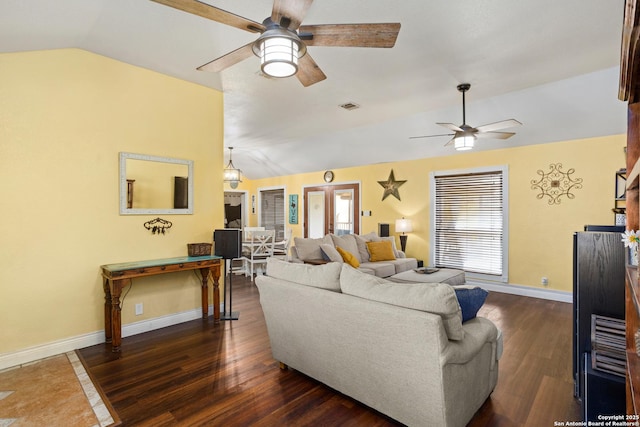 177 Lakeview Cir, La Vernia, TX 78121 - living area with vaulted ceiling, ceiling fan, and dark wood-style flooring