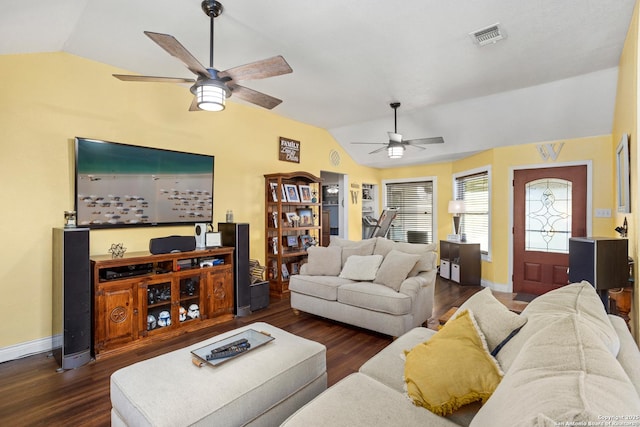 177 Lakeview Cir, La Vernia, TX 78121 - living room with vaulted ceiling, ceiling fan, and wood finished floors