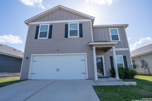 7335 Sharma Vly, San Antonio, TX 78252 - view of front facade with an attached garage, board and batten siding, driveway, and a front lawn