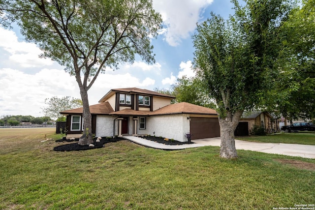 6914 Ludgate, San Antonio, TX 78239 - view of front facade with concrete driveway, a garage, a front yard, and stone siding