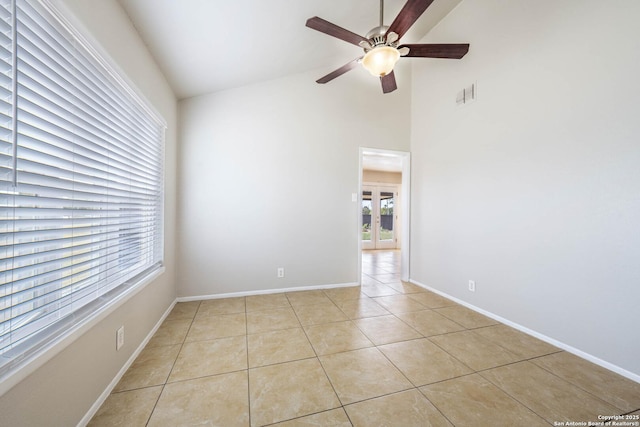 6914 Ludgate, San Antonio, TX 78239 - spare room featuring ceiling fan, light tile patterned floors, and high vaulted ceiling