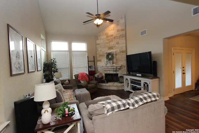 2514 Ladera Bnd, San Antonio, TX 78261 - living area with dark wood-style floors, a ceiling fan, high vaulted ceiling, and a fireplace