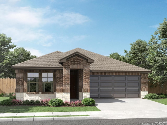15855 Comanche Owl, San Antonio, TX 78233 - french country home featuring brick siding, roof with shingles, a garage, and concrete driveway