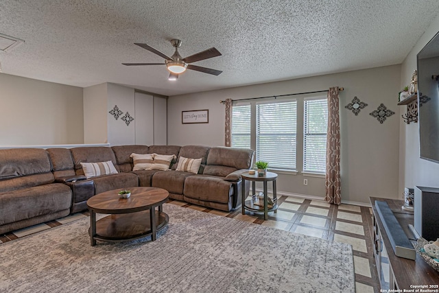 7907 Donshire, Converse, TX 78109 - living area with a ceiling fan and a textured ceiling