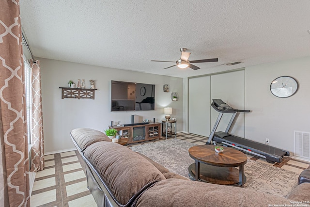 7907 Donshire, Converse, TX 78109 - living room with ceiling fan, light flooring, and a textured ceiling