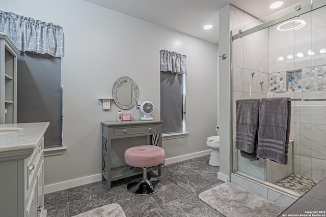 7907 Donshire, Converse, TX 78109 - full bath with vanity, a shower stall, and recessed lighting