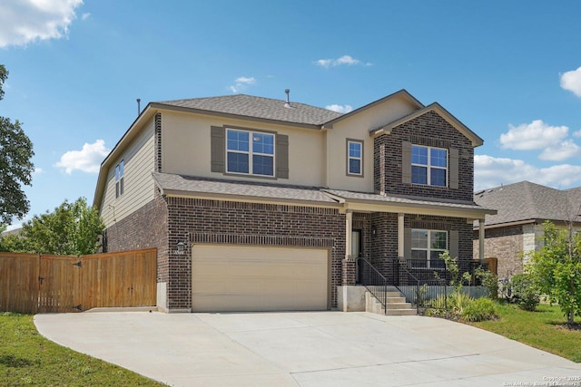 11518 Biddle, San Antonio, TX 78253 - view of front of house with brick siding, an attached garage, driveway, a porch, and stucco siding