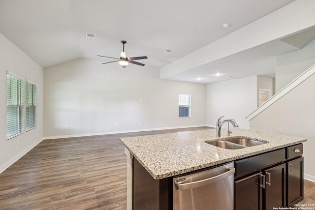 11518 Biddle, San Antonio, TX 78253 - kitchen with dishwasher, open floor plan, wood finished floors, a ceiling fan, and vaulted ceiling