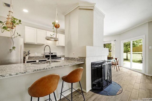 7259 Sunlit Trl, San Antonio, TX 78244 - kitchen featuring fridge, ornamental molding, wood tiled floors, light stone countertops, and white cabinetry