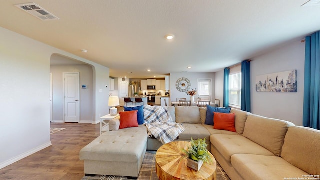 408 River Sta, Cibolo, TX 78108 - living room with light wood-style flooring, arched walkways, and recessed lighting