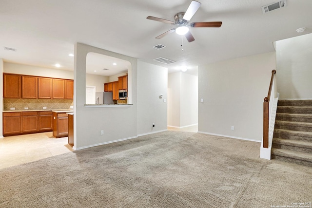 11708 Northern Star, Schertz, TX 78154 - unfurnished living room featuring ceiling fan, stairway, light carpet, and recessed lighting