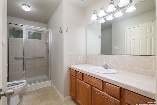 173 Great Oaks Ln, Vernia, TX 78121 - full bathroom with vanity, a stall shower, tile patterned floors, and decorative backsplash