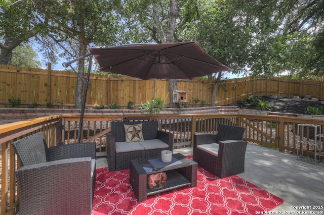 332 W Klein, Seguin, TX 78155 - fenced backyard featuring an outdoor hangout area and a deck