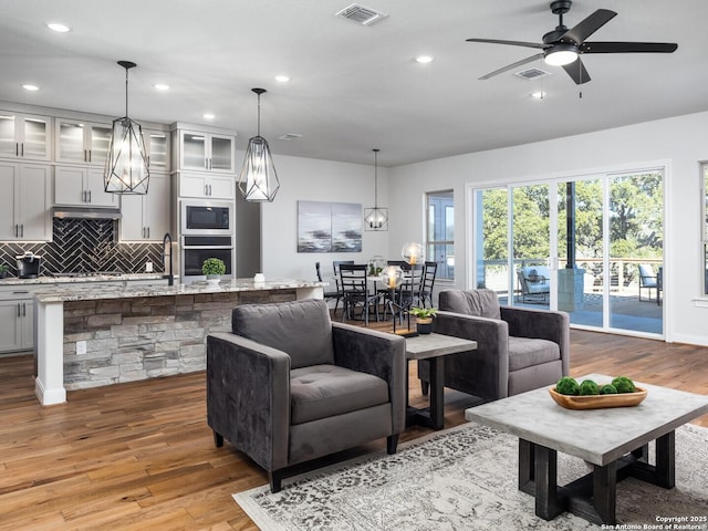 555 Mystic Pkwy, Spring Branch, TX 78070 - living room featuring wood finished floors, ceiling fan, and recessed lighting