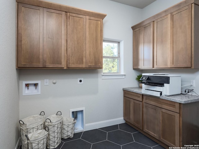 555 Mystic Pkwy, Spring Branch, TX 78070 - washroom featuring hookup for a gas dryer, electric dryer hookup, hookup for a washing machine, dark tile patterned flooring, and cabinet space