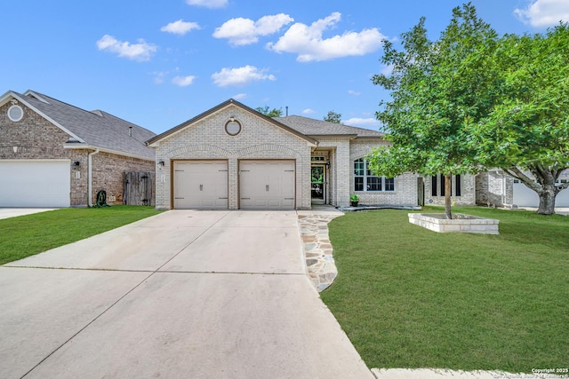 11546 Creek Bow, San Antonio, TX 78253 - ranch-style home with a garage, driveway, a front lawn, and brick siding