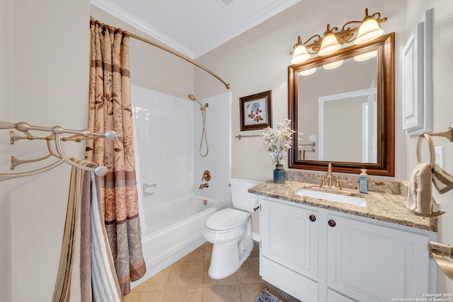 11546 Creek Bow, San Antonio, TX 78253 - bathroom with shower / bathtub combination with curtain, vanity, tile patterned floors, and crown molding