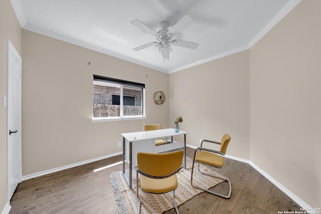 11546 Creek Bow, San Antonio, TX 78253 - living area with wood finished floors, ornamental molding, a ceiling fan, and a desk